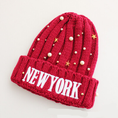 

Kela lovers NEWYORK pearl embroidery warm wool knitted hat sharp hat