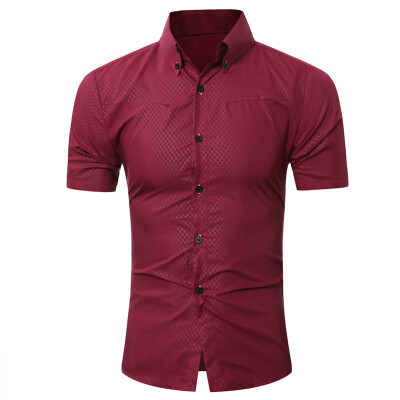

Brand 2017 Fashion Male Hawaiian Shirt Short-Sleeves Tops Small Grid Solid Color Mens Dress Shirts Slim Men Shirt