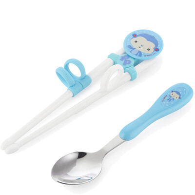 

American Fisher childrens tableware learning chopsticks baby PP stainless steel spoon with practice chopsticks set blue newborn