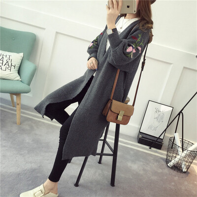 

2017 fashion new autumn and winter women's embroidery loose sweater women long section long-sleeved knitted cardigan jacket