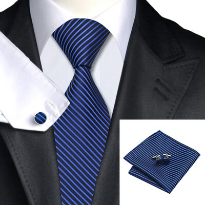 

N-0404 Vogue Men Silk Tie Set Blue Stripe Necktie Handkerchief Cufflinks Set Ties For Men Formal Wedding Business wholesale