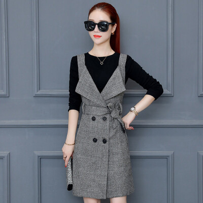 

Fort Sheng 2017 new women autumn and winter temperament long-sleeved A word dress plaid strap suit skirt two-piece zx1783007 black and white grid M