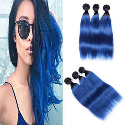 

Brazilian 8A Grade Ombre Straight Human Hair 1Bblue 3 bundles Sew In Weft Virgin Ombre Brazilian Hair Extension