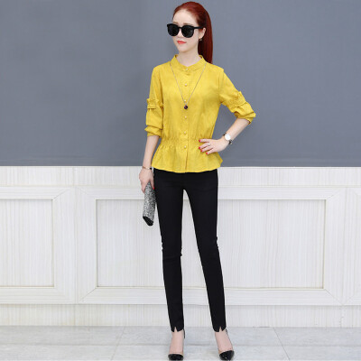 

Fort Sheng 2017 new women autumn and winter simple long-sleeved Han Fan students loose shirt pure color chiffon shirt zx1783006 yellow