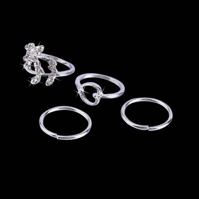 

4PCS/Set Fashion Rings Double Leaf Leaves Crystal Finger Ring Band Set