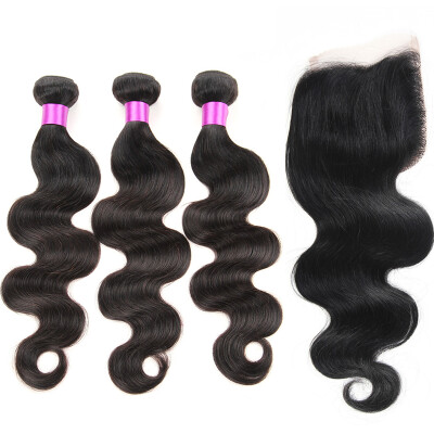 

8A Body Wave Indian Human Hair Weft 3 Bundles with 4*4 Lace Closure Virgin Human Hair