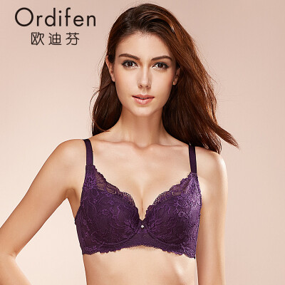 

Ou Difen ladies bra gathered big breast bra sexy embroidery 34 cover thin section underwear XB6362 charm purple 80B