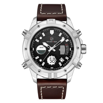

GOLDENHOUR Hot Selling Luxury Brand Mens Analog Digital Leather Quartz Sports Watches Men Army Military Watch Man Clock