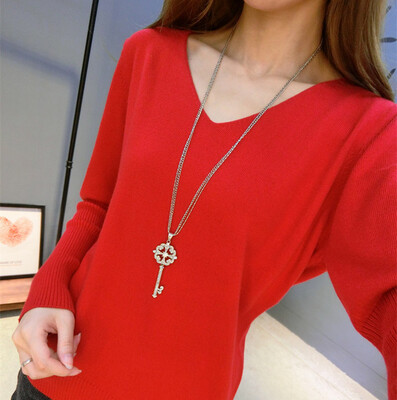 

2017 Spring and Autumn New Women's V-neck cashmere sweater loose fashion large size women's wool bat bat knitting shirt