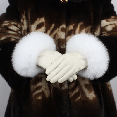 

Ladies sheepskin warm gloves, big fox fur, leather gloves