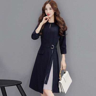 

Fort Sheng 2017 new women autumn Korean fashion Slim temperament splicing seven-point sleeve sweet&elegant simple dress zx16091001 navy blue L