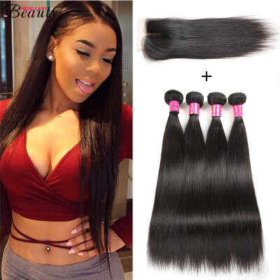 

Brazilian Straight Hair 4 Bundles With a Middle Part Lace Closure 100 Unprocessed Human Hair Bundles Natural Color