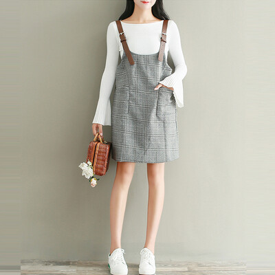 

City plus CITYPLUS 2017 autumn and winter new women's literary wild woolen lattice Gary strap short dress loose loose dress CWQZ179267 gray L