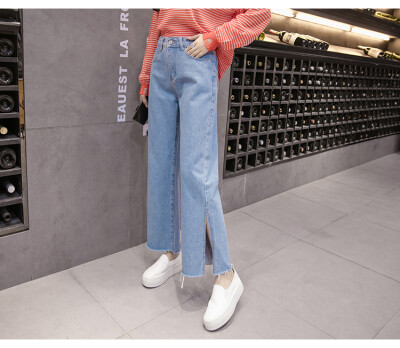 

2017 new female students high waist was thin wide leg pants loose straight nine cents jeans