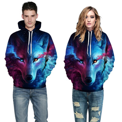 

Cool Wolf Print Autumn Winter Fashion Casual Men Women Couple Hoodie Tops Long Sleeves Hooded Front Pocket Sweatshirts Pullovers