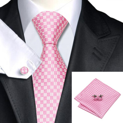 

N-0448 Vogue Men Silk Tie Set Pink Plaid Necktie Handkerchief Cufflinks Set Ties For Men Formal Wedding Business wholesale