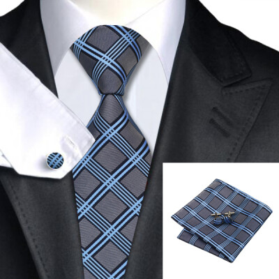 

N-0400 Vogue Men Silk Tie Set Gray Plaid Necktie Handkerchief Cufflinks Set Ties For Men Formal Wedding Business wholesale