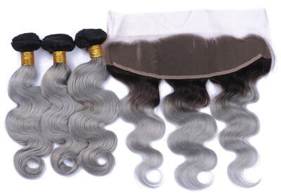 

Brazilian body wave 1B Grey Ombre Frontal With Bundles 8A Free Middle Three Part Lace Frontal With 3 bundles Virgin Human Hair