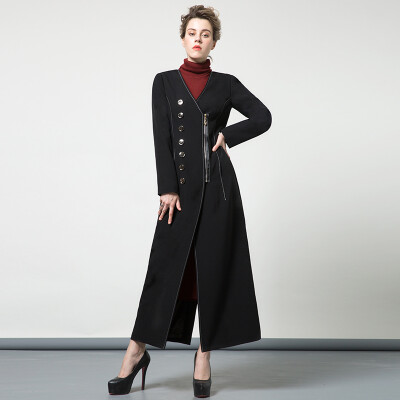 

DF · RS New autumn and winter long section of windbreaker coat female black v-neck long-sleeved split knee coat