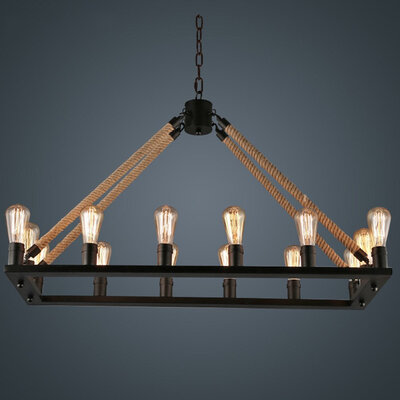 

BOKT 16-Lights Hemp Rope Люстра Металл Vintage Сельский стиль Страна Подвеска Лампа Прямоугольные острова Огни