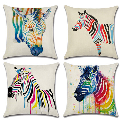 

4 pcs 18 x18 Inch Cute Rainbow Zebra Cotton Linen Pillow Case Sofa Throw Cushion Cover Home Décor