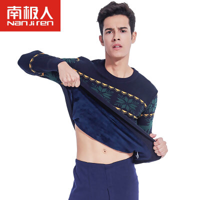 

Antarctic thermal underwear men's round neck prints plus velvet thickening underwear Slim winter youth fashion autumn clothes autumn pants suit male gray red stripes L