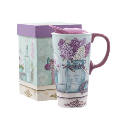 

A Ting Tall Ceramic Travel Mug Coffee Cup with Lid Handprinting 15 oz