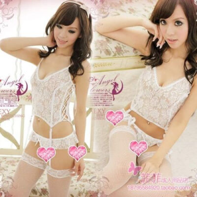 

CANIS@New Black Sexy Lingerie Nightwear Lace Babydoll Dress+Garters+G-String