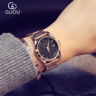 

GUOU Women Calendar Quartz Watches Rose Gold Full Steel Business Watch Ladies Casual Wristwatches Gift