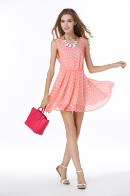 

Summer Celebs Style Backless Dress Strap Skirt Cute Pink Wave Point Chiffon Sexy Sleeveless Dress