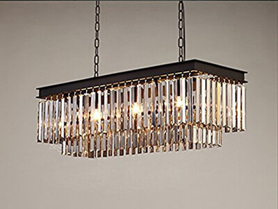 

BOKT New Design Classic Crystal Pendant Rectangle Orbit Chandelier Double Layer Strip Crystal Clear Ceiling Light Fixture (Black 3