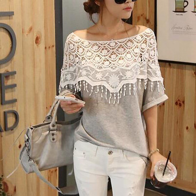 

The new sweet lace hollow handmade hook flower shawl collar bat sleeves long T-shirt female