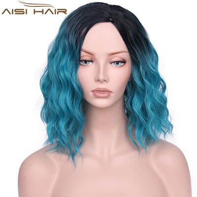 

AISI HAIR Синтетический тень Красный синий розовый парик для черных женщин 14 "Длинная волна воды   Ложные волосы