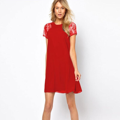 

Lovaru ™Новый 2015 мода круглый воротник чисто цвет рукавом кружева шить шифон платье белого с короткими рукавами