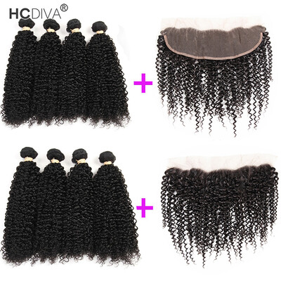 

HCDIVA Malaysian Virgin Human Hair 4 Bundles Deal with Frontal Kinky Curly Hair Weaves with Frontal Ear to Ear Natural Black
