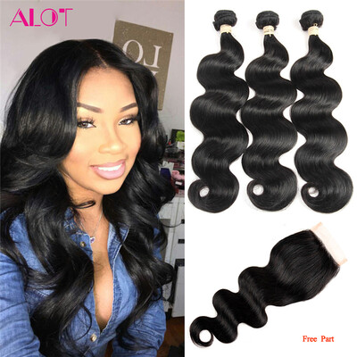 

3 Bundles Hair With Lace Closure Brazilian Body Wave Human Hair Bundles with Closure Free / Middle/ Three Part Alot Hiar Products