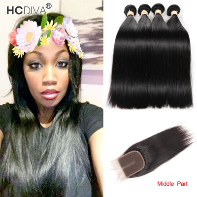 

HCDIVA Straight Hair 4 Bundles with Closure Brazilian Virgin Human Hair Bundle with Closures Middle part Natural Black