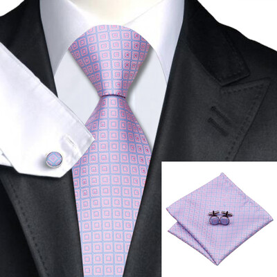 

N-0523 Vogue Men Silk Tie Set Pink Geometric Necktie Handkerchief Cufflinks Set Ties For Men Formal Wedding Business wholesale