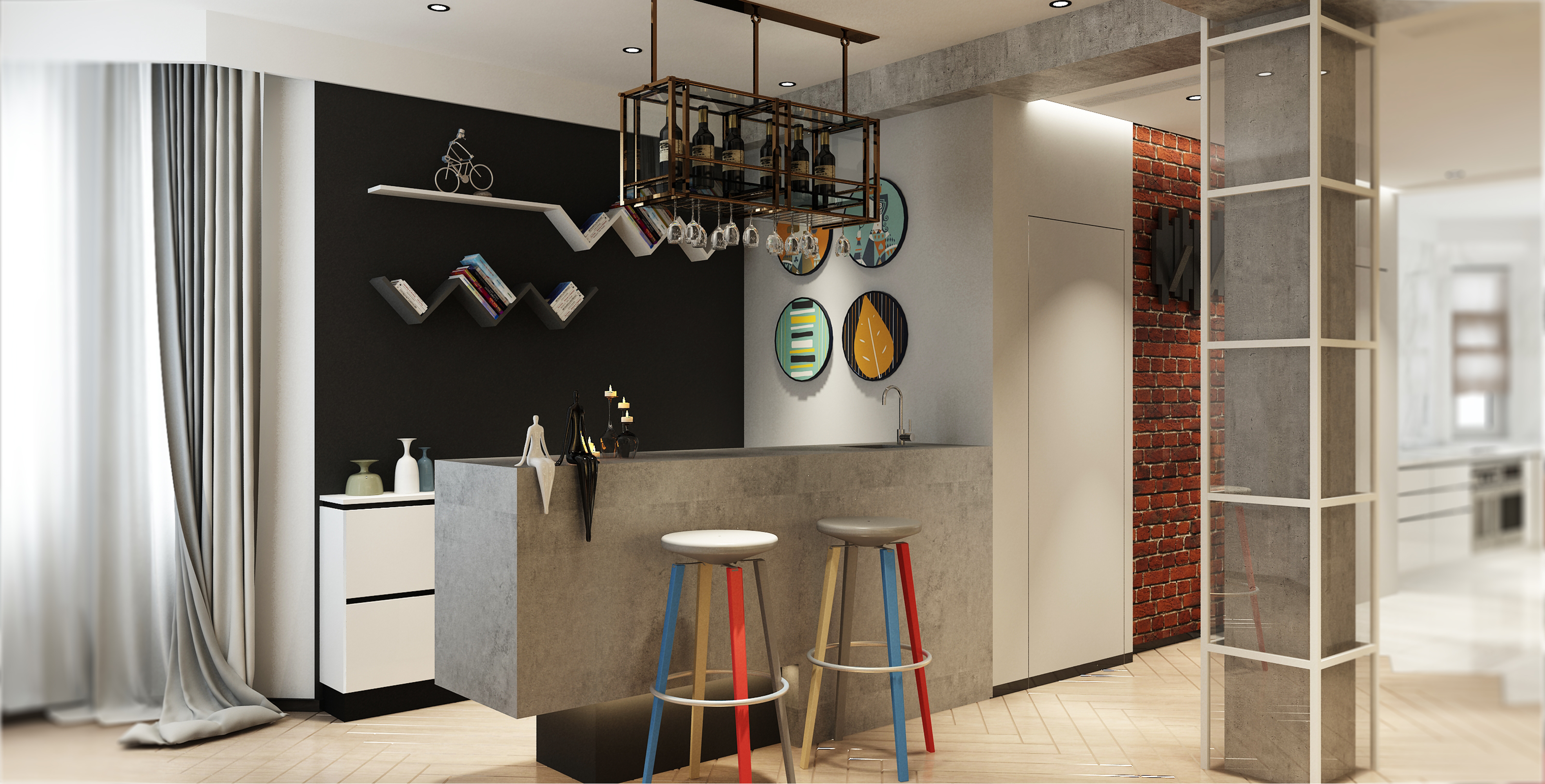 水泥原色吧台,钢管酒杯架和书架,以及梁柱的仿古水泥墙面的处理也是恰