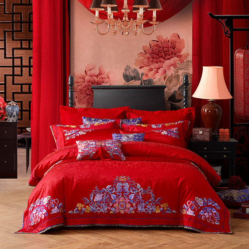 LOVO 罗莱生活出品 十件套提花绣花婚庆床品套件 喜绣盈闺 220*240cm