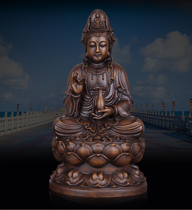 实木雕观音摆件大号木质坐莲观世音菩萨神像家用供奉观音佛像 小号