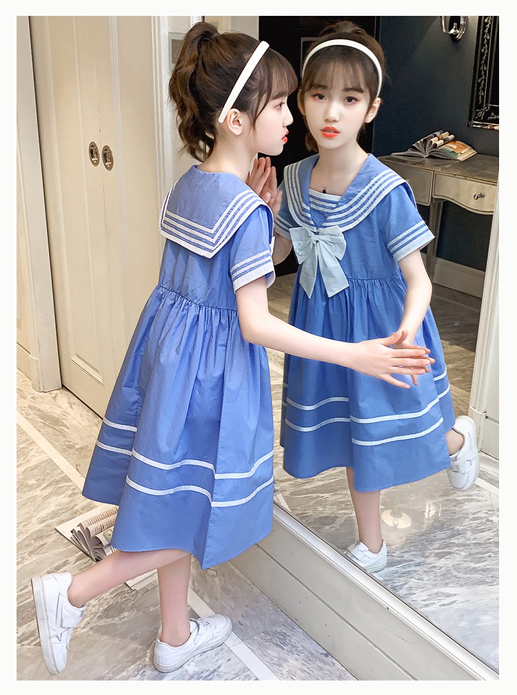 女大童连衣裙夏季裙子中童夏装海军风10岁小学生912女7夏天蓝色150cm