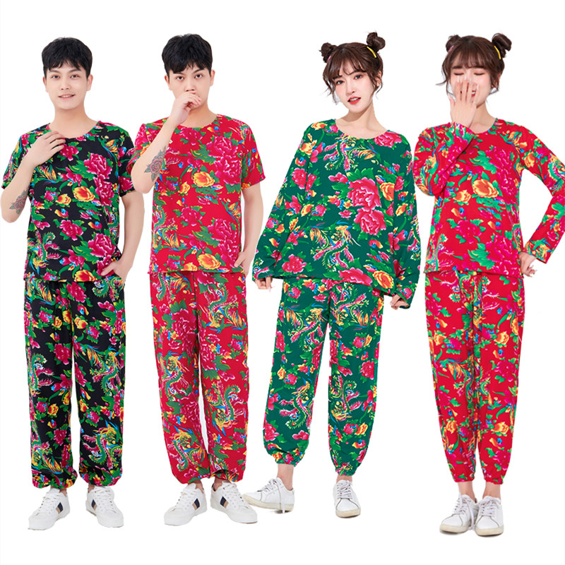 阁版花衣服男大红 东北大花布衣服女款搞笑二人转演出服抖音花裤子