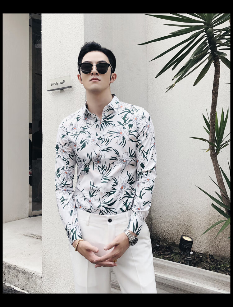 英伦风修身男士长袖衬衫春装新款潮流花衬衫个性时尚百搭印花卉寸衫男