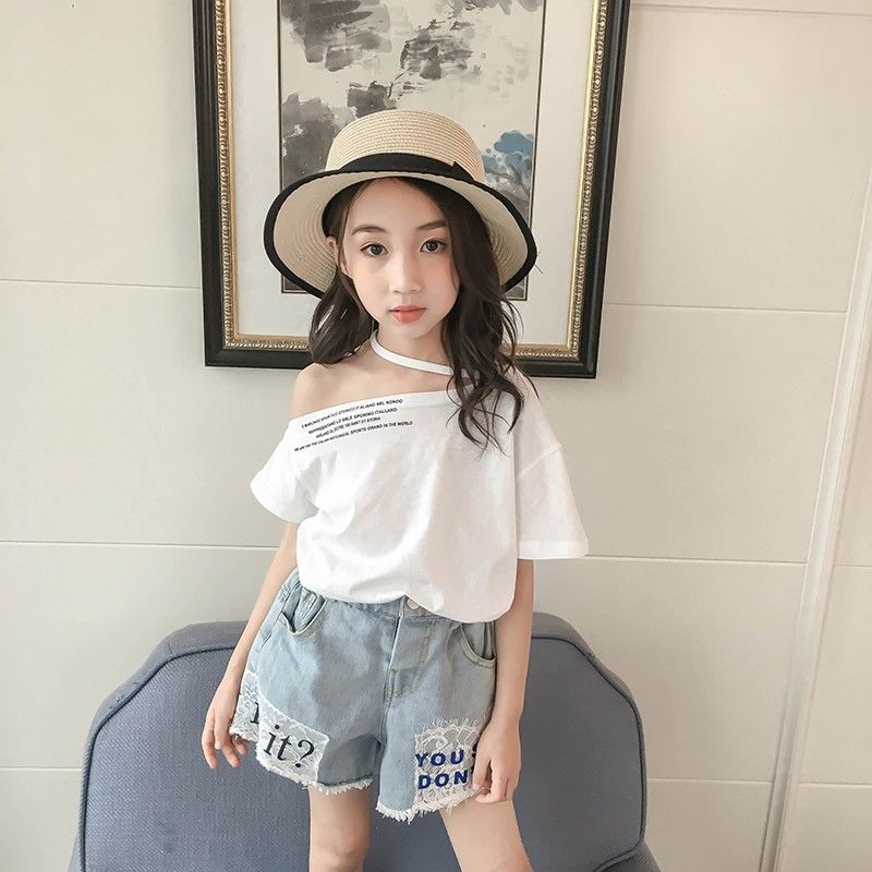 宝宝童装女童短袖t恤新款中大童夏装韩版洋气露肩儿童上衣服 黑色