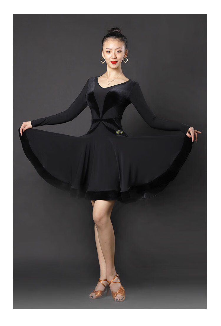 拉丁舞套装表演连衣裙女成年舞练功服新款秋冬丝绒大摆裙黑色l