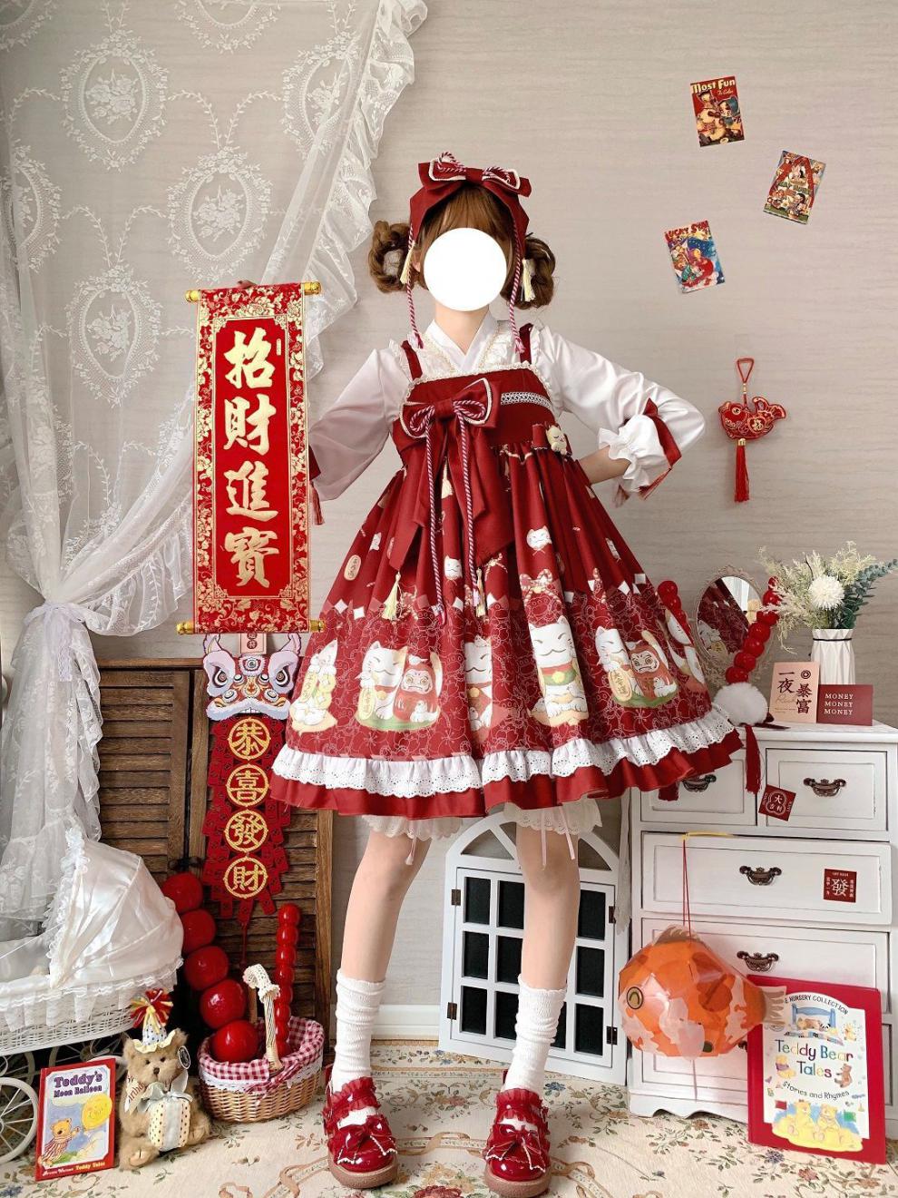 花岚娜洛丽塔lolita洋装贺岁猫中华风汉元素jsk吊带连衣裙女红色裙