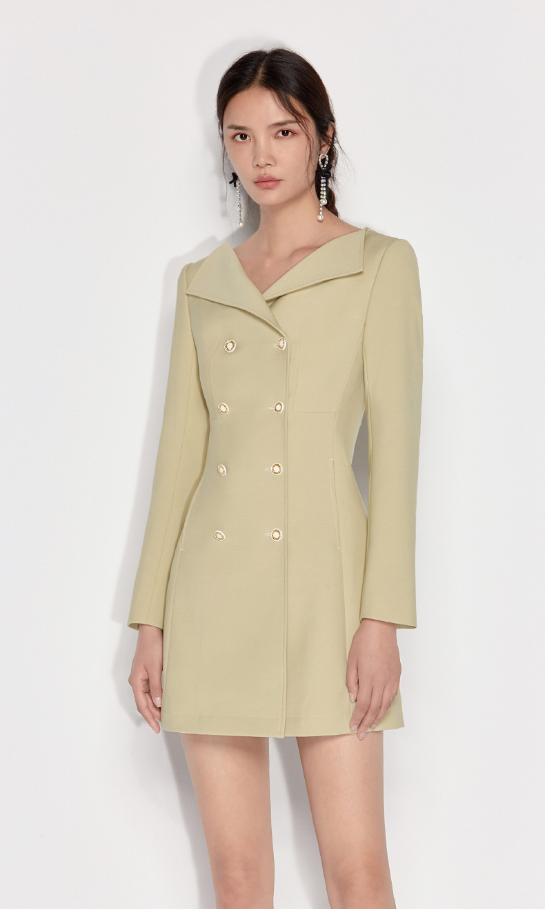 ochirly欧时力2022新款春装翻折领双排扣外套式连衣裙 黄绿592 xs【图