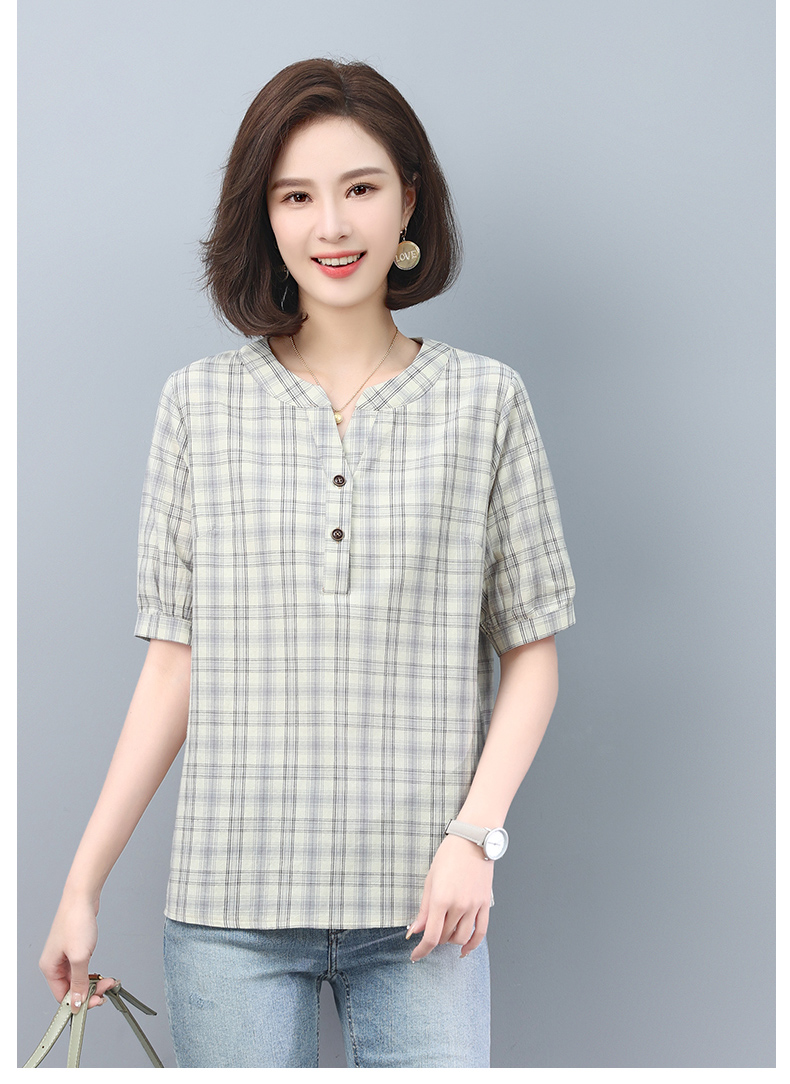 女装纯棉t恤女短袖夏装2022年新款中年妈妈大码宽松格子半袖上衣旗舰