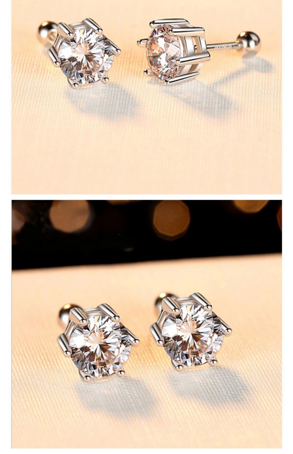 oujueya桑钻石耳环s925通体银螺丝拧扣耳钉女六爪耳环一克拉莫桑石